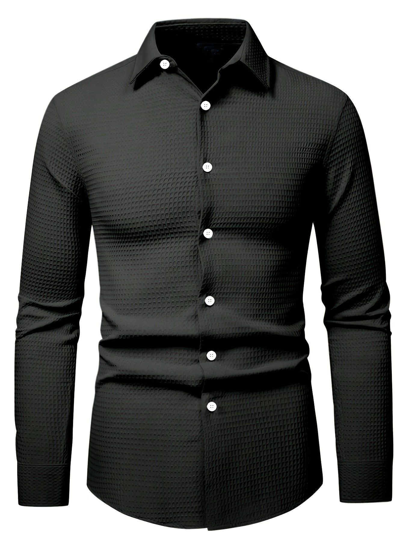 Men's long sleeve shirt in solid color with waffle knit design, 100% polyester, regular fit, lapel collar, button closure, slight stretch, 180gsm weight, ideal for fall season and available