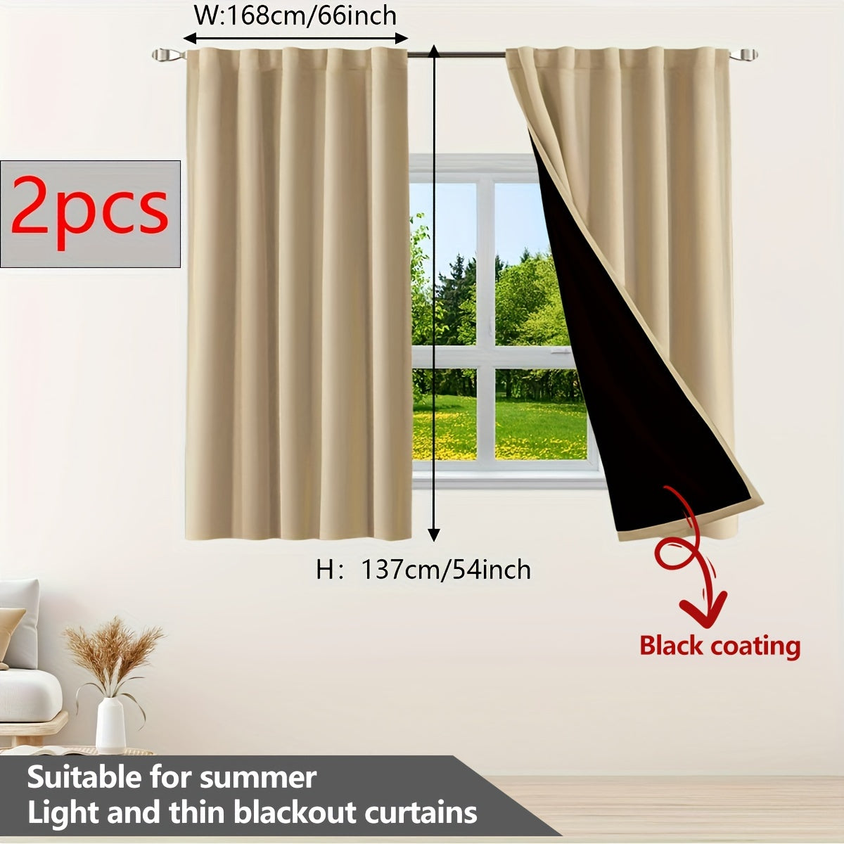 Two pieces of contemporary blackout curtains made from thermal insulated twill weave polyester. They are designed to reduce noise and block out light, making them perfect for the living room, bedroom, or study. These curtains feature a hook and ring rod