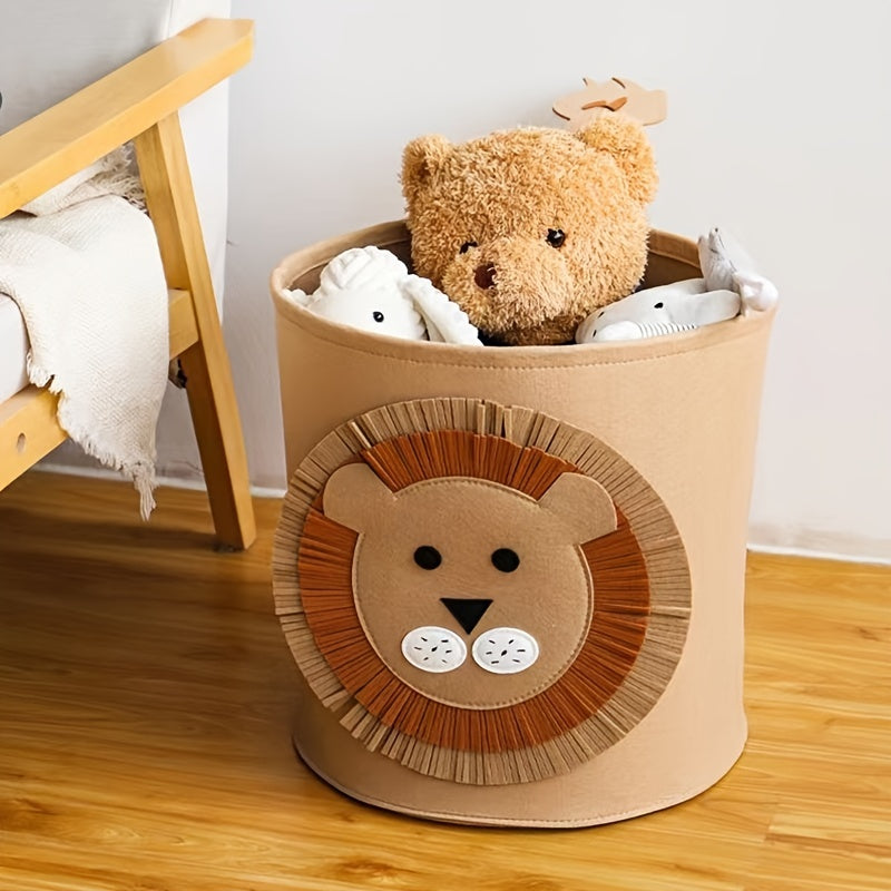 Dimensions of 13.8 inches by 14.6 inches, this cute Cartoon Felt Storage Bucket is ideal for storing children's toys, clothes, and infant items. A great addition to any nursery or play area!