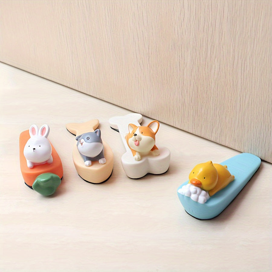 Cartoon Animal PVC Door Stopper Set - Lead-Free and Cute Design for Protection Against Collisions. Ideal for Home or Office Use. Comes in Assorted Characters (White Rabbit, Yellow Duck, Grey Cat, Dark Brown Bear). Suitable for Ages 14 and Up.