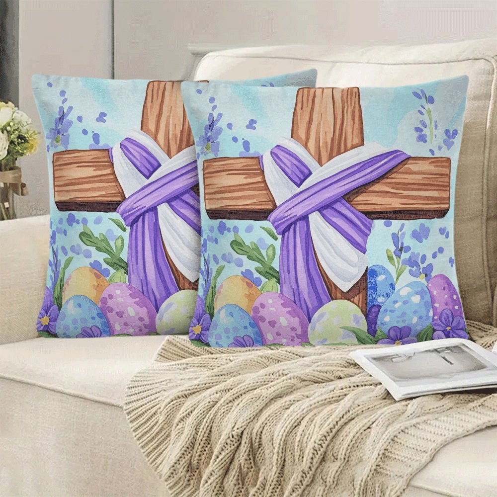 Pillow Cover Set featuring Modern Floral Easter Egg & Cross Design, Pack of 2, 45.72x45.72 cm, Easy to Wash in Machine, Comes with Zipper Closure, Year-round Comfort, Perfect for Sofa and Bedroom Decor, Insert Not Included