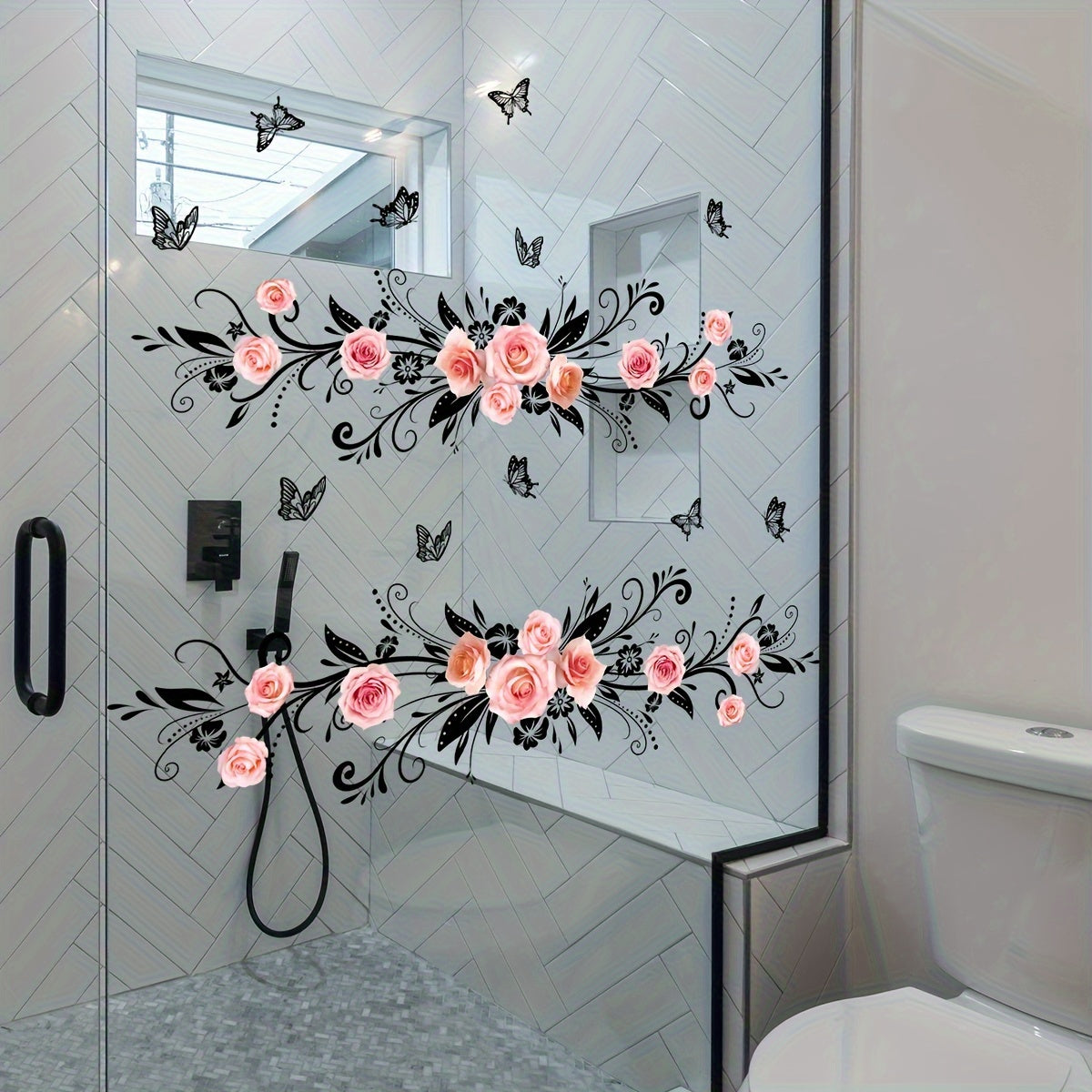 Double-sided pink rose and black butterfly decals for bathroom and living room walls.