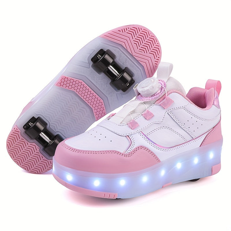 Children's LED Roller Shoes with Retractable Wheels, Trendy Sports Sneakers with Adjustable Brightness, Rotary Buckle Closure, PU upper, TPR sole, and Lithium Polymer Battery.