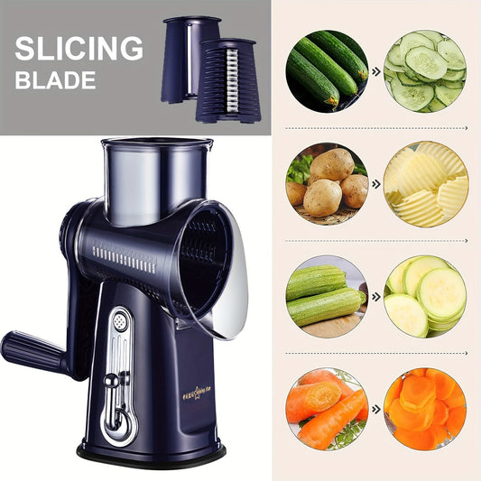 Get 5-in-1 functionality with this versatile kitchen tool - the Rotary Cheese Grater! This handy gadget not only shreds cheese but also works as a vegetable slicer, nuts grinder, and features a strong suction base for stability. The set includes 5