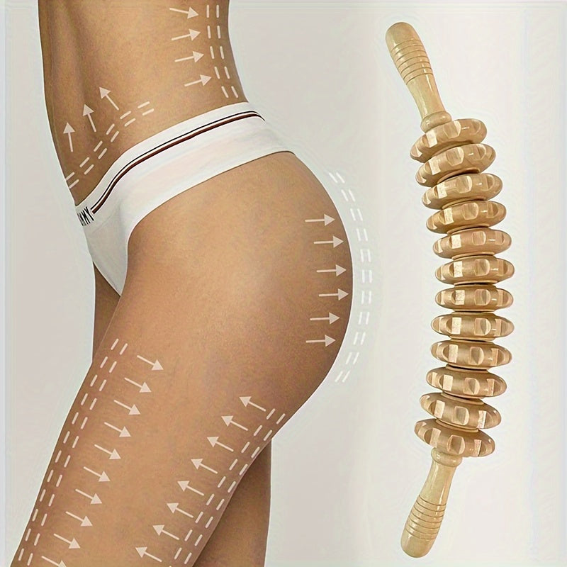 1pc wooden handheld roller with 12 rollers for muscle tension relief in back, hands, and legs.