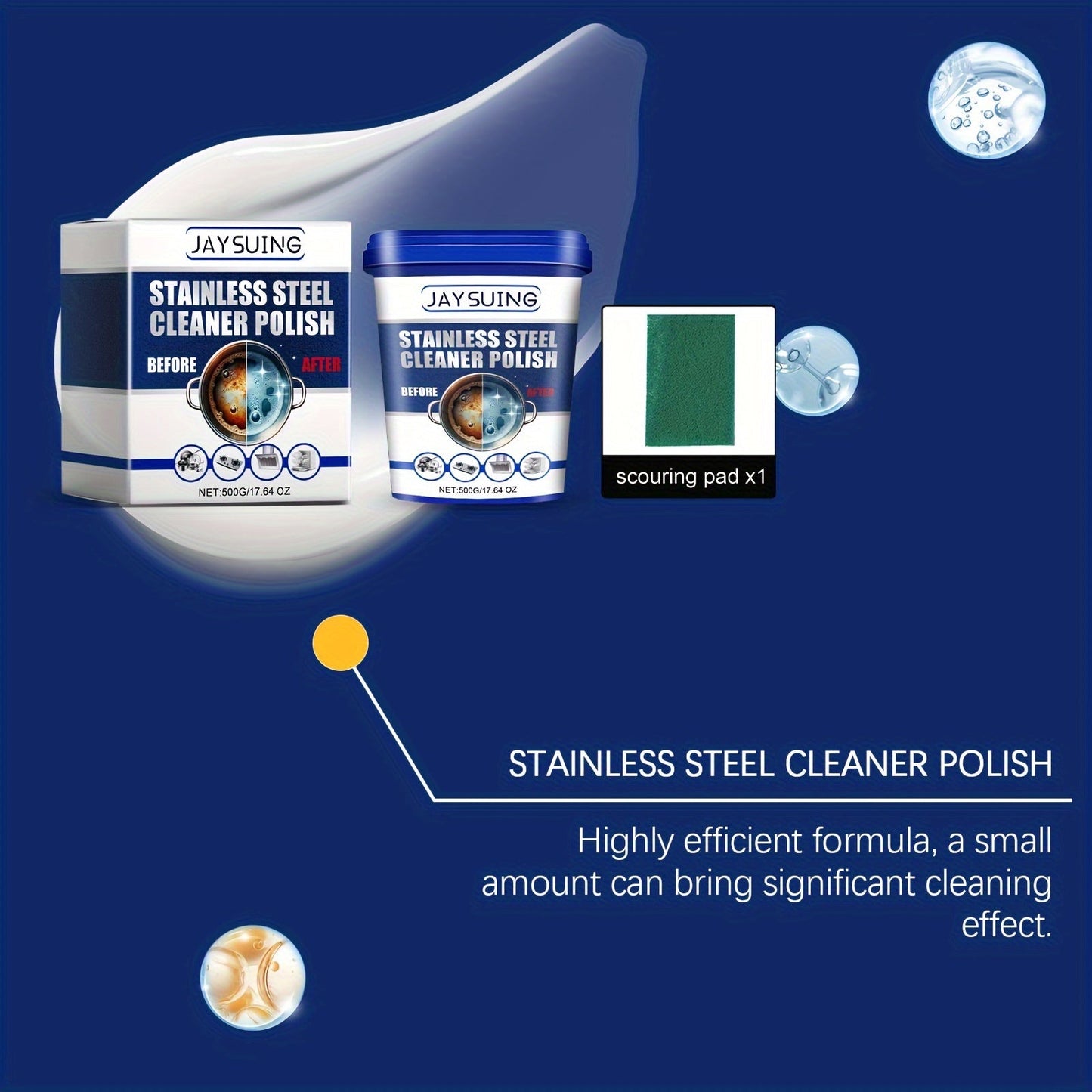 JAYSUNG Stainless Steel Cleaner Paste with Sodium Bicarbonate - Powerful Metal Surface Cleaner for Kitchen Pots and Pans, Rust and Heavy Oil Stain Remover, Low Odor Formula with Scouring Pad Included - 1 Piece