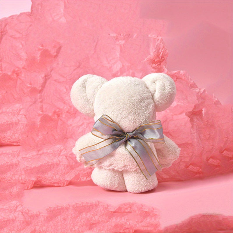 Modern cute bear hand towel with golden ribbon, soft and absorbent polyester blend, 310gsm, perfect gift for festivals.