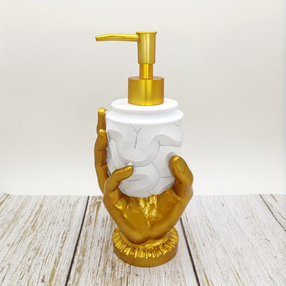 Elegant gold fingerprint resin soap dispenser, mercury-free with textured design. Ideal for bathroom and kitchen decor. Made of resin.