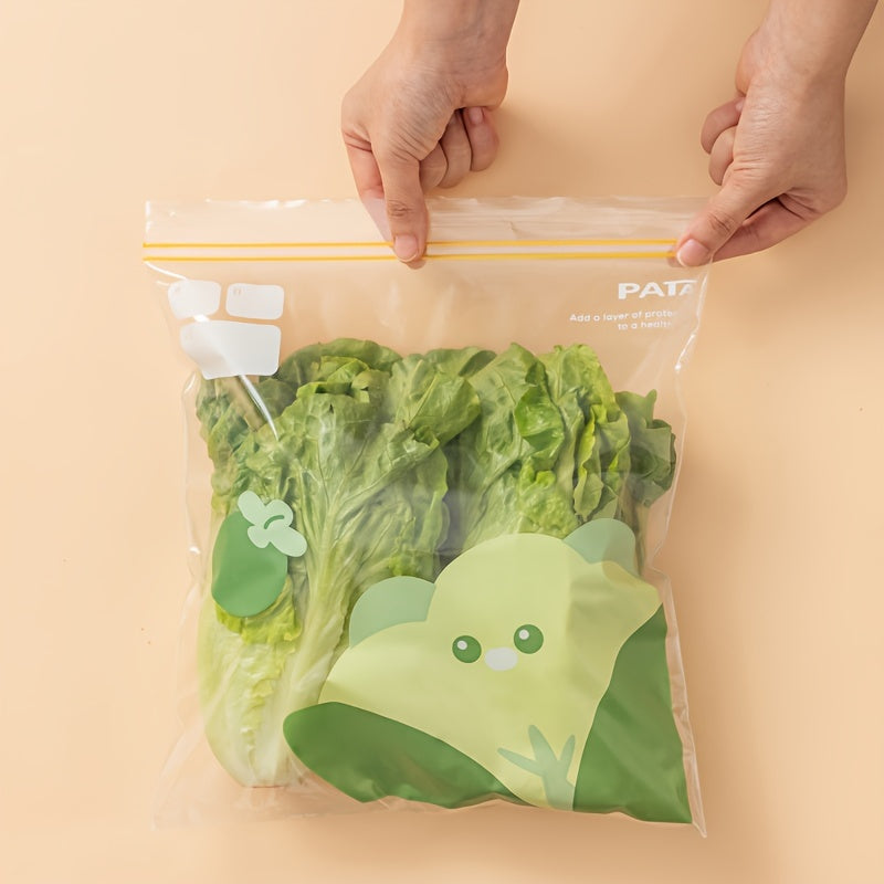 Cartoon Pattern Reusable Storage Zipper Bags in 15, 20, or 30 Pack - Ideal for Storing Fruits, Vegetables, Grains, and Kitchen Supplies. Features Sub-Packaging, Fresh-keeping, Anti-odor, and Leak-Proof Freezer Bag Technology.