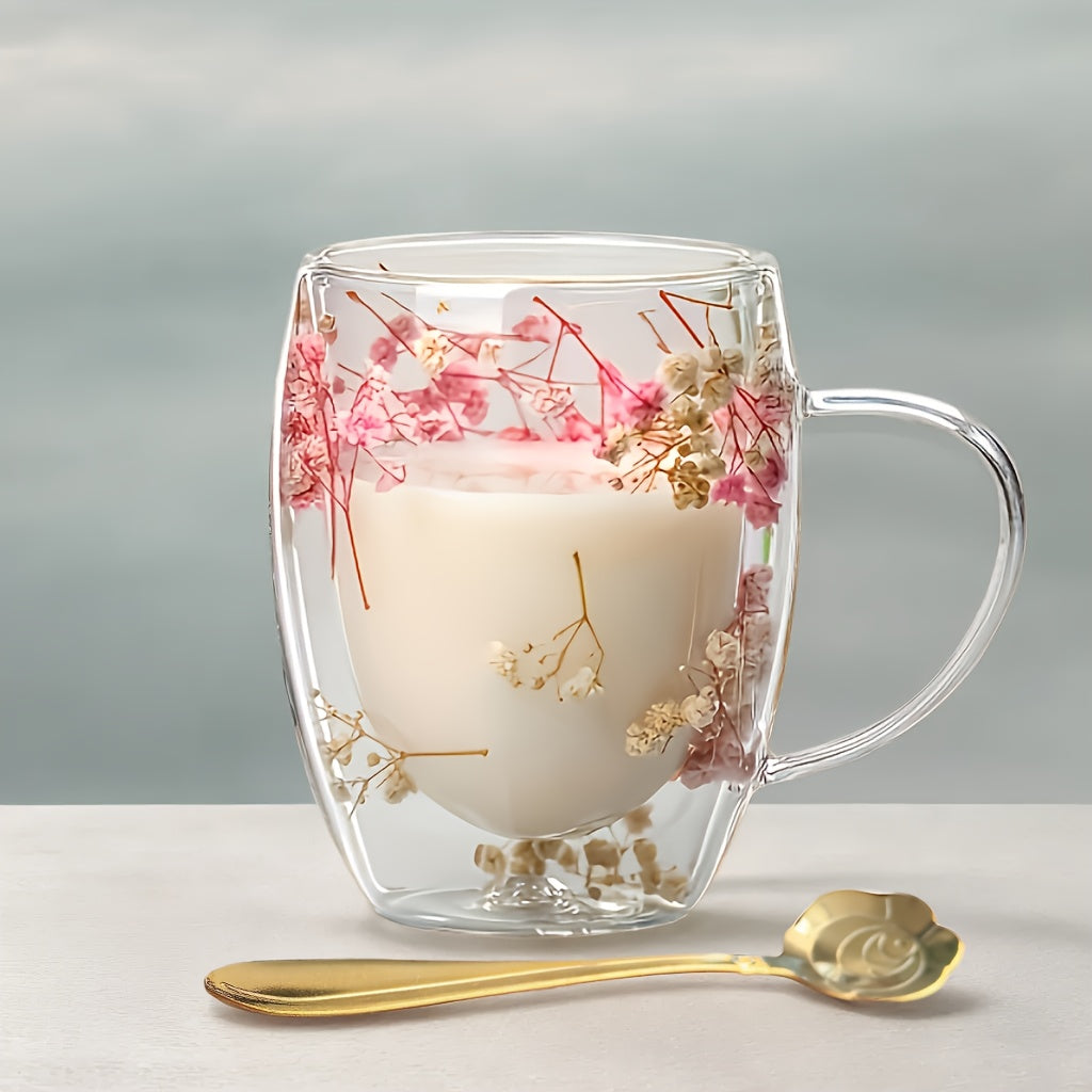 Set of 2 Floral Double-Wall Glass Mugs with Spoons, 11.83 oz Each, Non-Toxic and Durable, Hand Wash Recommended, Suitable for a Variety of Hot Beverages, Great for Home Entertaining and Gift-Giving on Special Occasions like Christmas, Thanksgiving