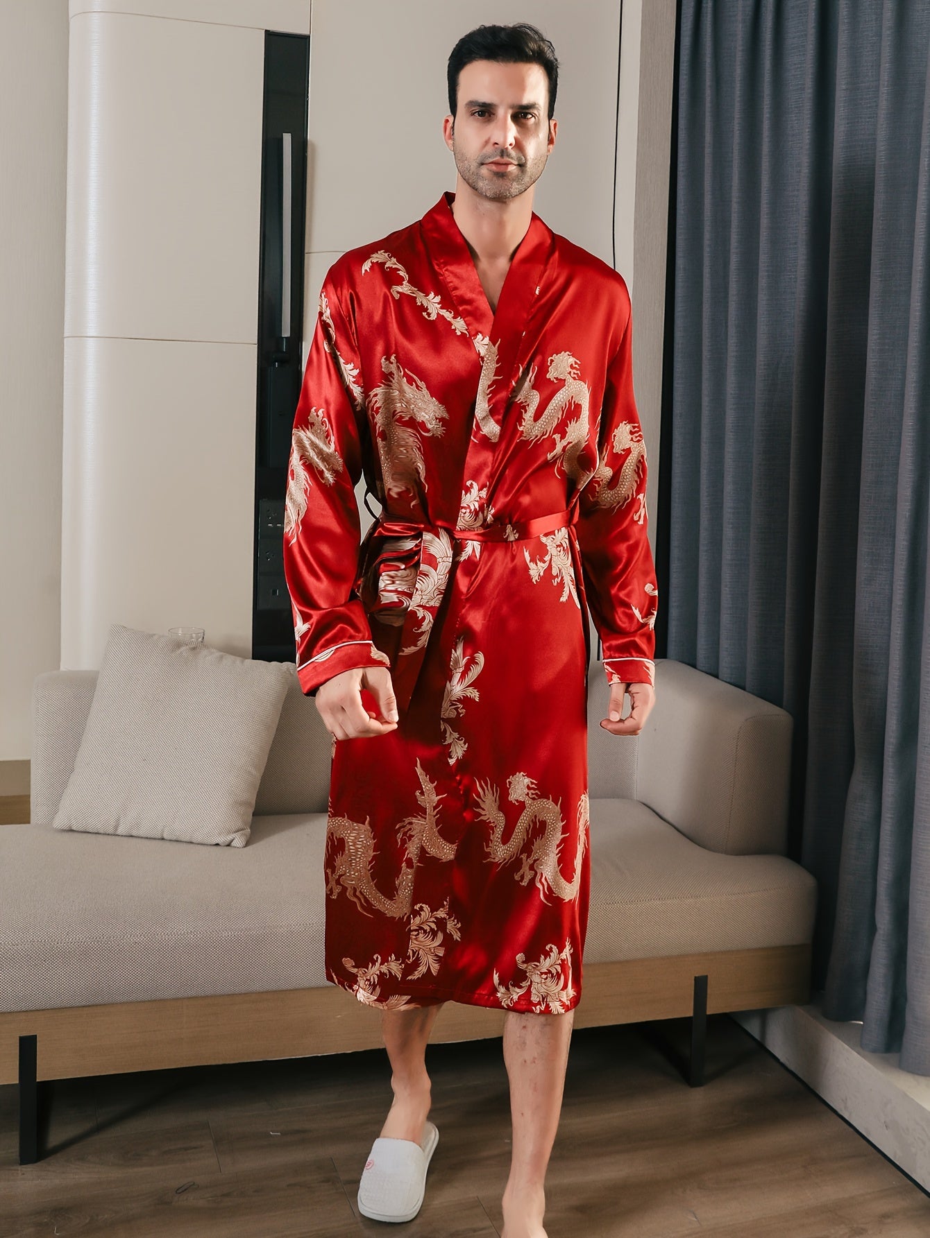 Men's long-sleeve robe with golden dragon print, ideal for loungewear or pajamas in any season.