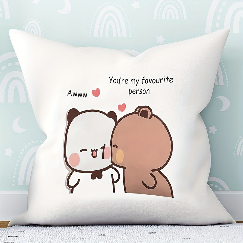 Velvet cushion cover featuring cute Bubu & Dudu panda bears in a cartoon couple design with "You're My Favorite Person" text. Cozy square throw pillow case for home decor, machine washable with zipper closure.