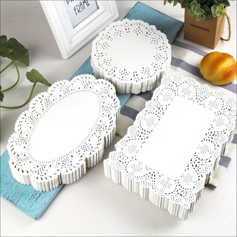 50 pieces each of lace paper, oil absorption paper pads, lace rolls, fried dim sum cakes, flower base paper, baking paper, food pads, pizza paper, and cake pads in three different shapes.