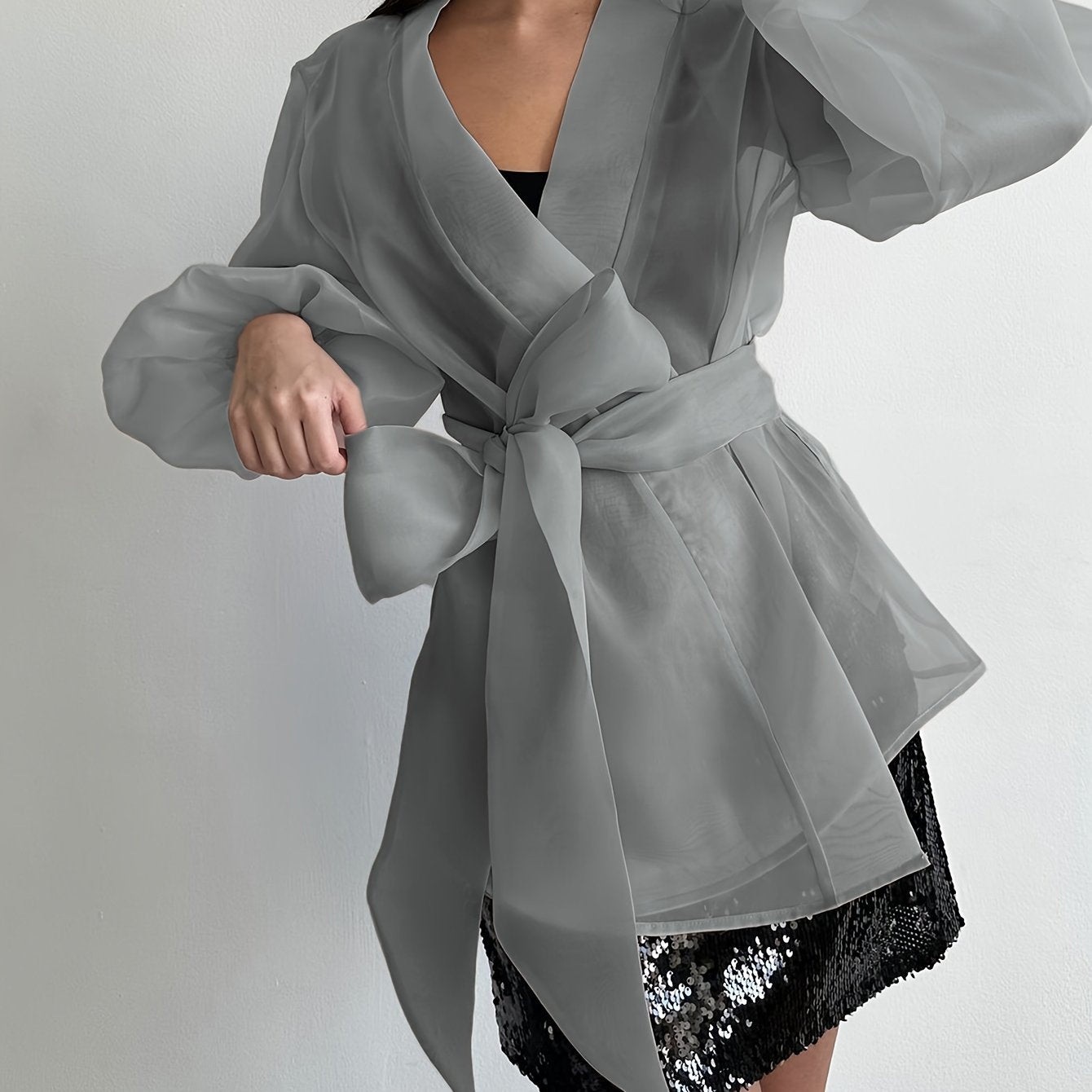 Stylish plus-size women's sheer mesh kimono cardigan with butterfly bow tie, bubble sleeves, and chic polyester material. Hand-washable and suitable for all seasons.