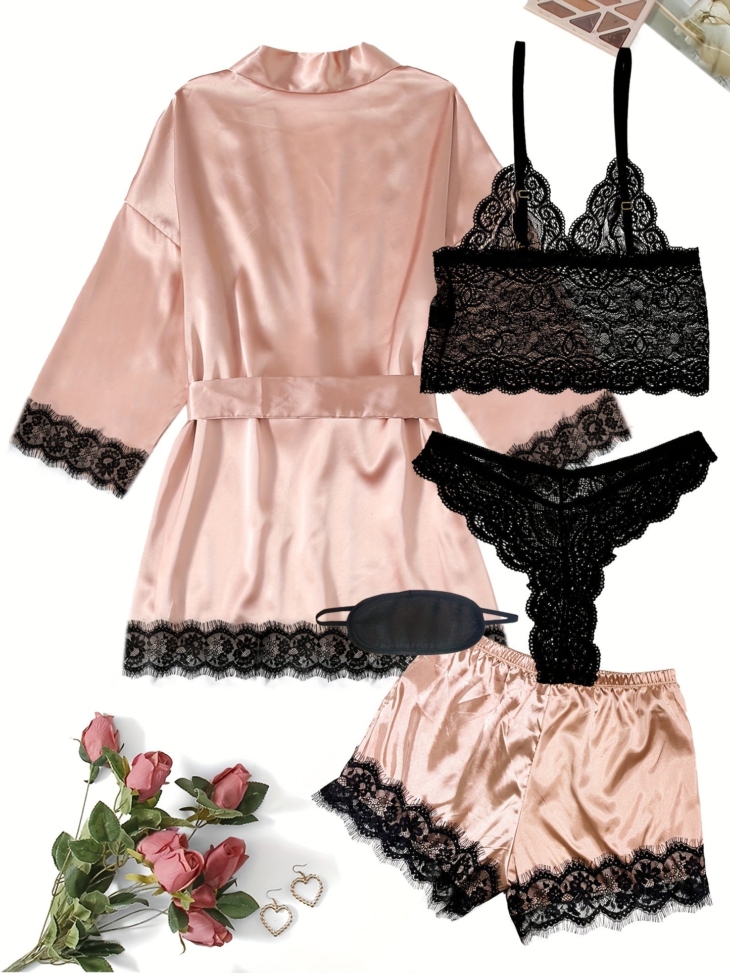 Satin lounge set with lace, robe, cami bra, thongs, and shorts for women.