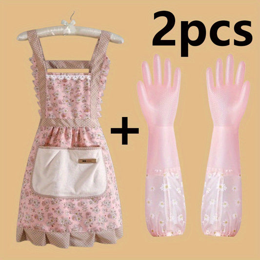 Get a pair of durable pink waterproof cleaning gloves, plus a non-slip pink apron. The dishwashing gloves are suitable for various uses in the kitchen, laundry, bathroom, toilet, living room, and bedroom. Made from PVC, these gloves are waterproof and