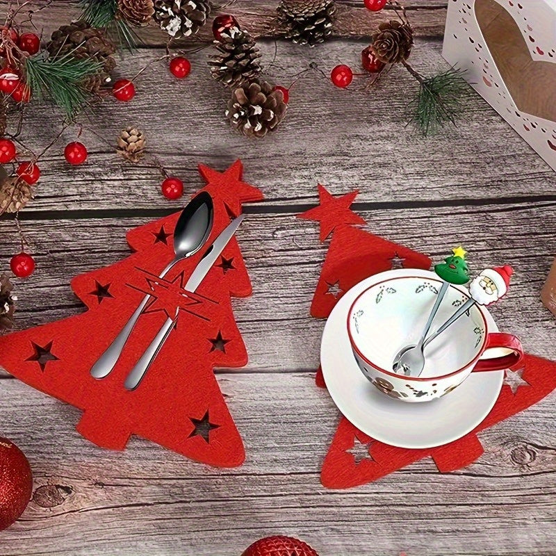 Set of 12 Christmas tree cutlery holders - Paper pouches for forks and spoons to add festive touch to holiday table decor, perfect for party favors and gifts that do not touch food.