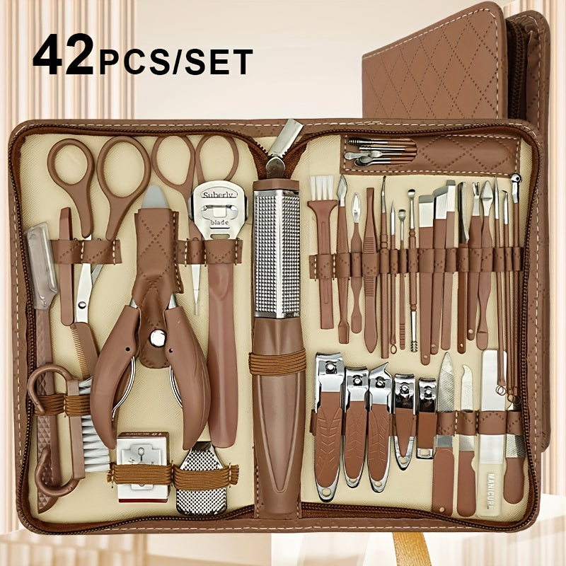 42-piece stainless steel nail clipper set with zipper case featuring diamond pattern design, including large eagle mouth pliers, pedicure knife, ear scoop, and eyebrow trimmer.