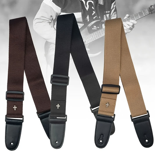 Vintage electric guitar strap with cross design and pick pocket, suitable for acoustic, folk, bass, and ukulele.