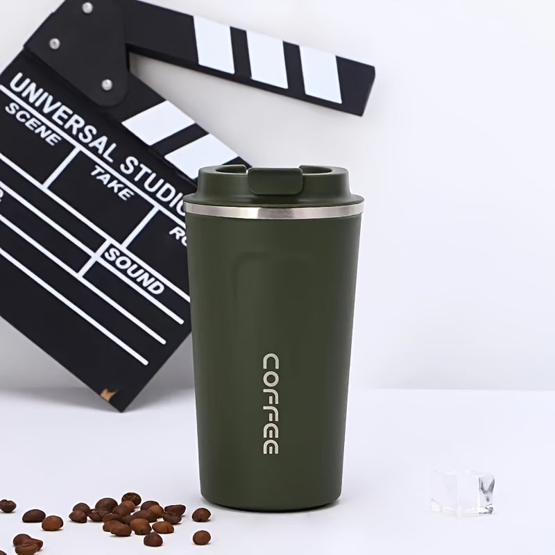 Vacuum-insulated stainless steel travel coffee mug in tumbler style, leakproof, reusable, hand wash only, 380ml/510ml, unstable cup.