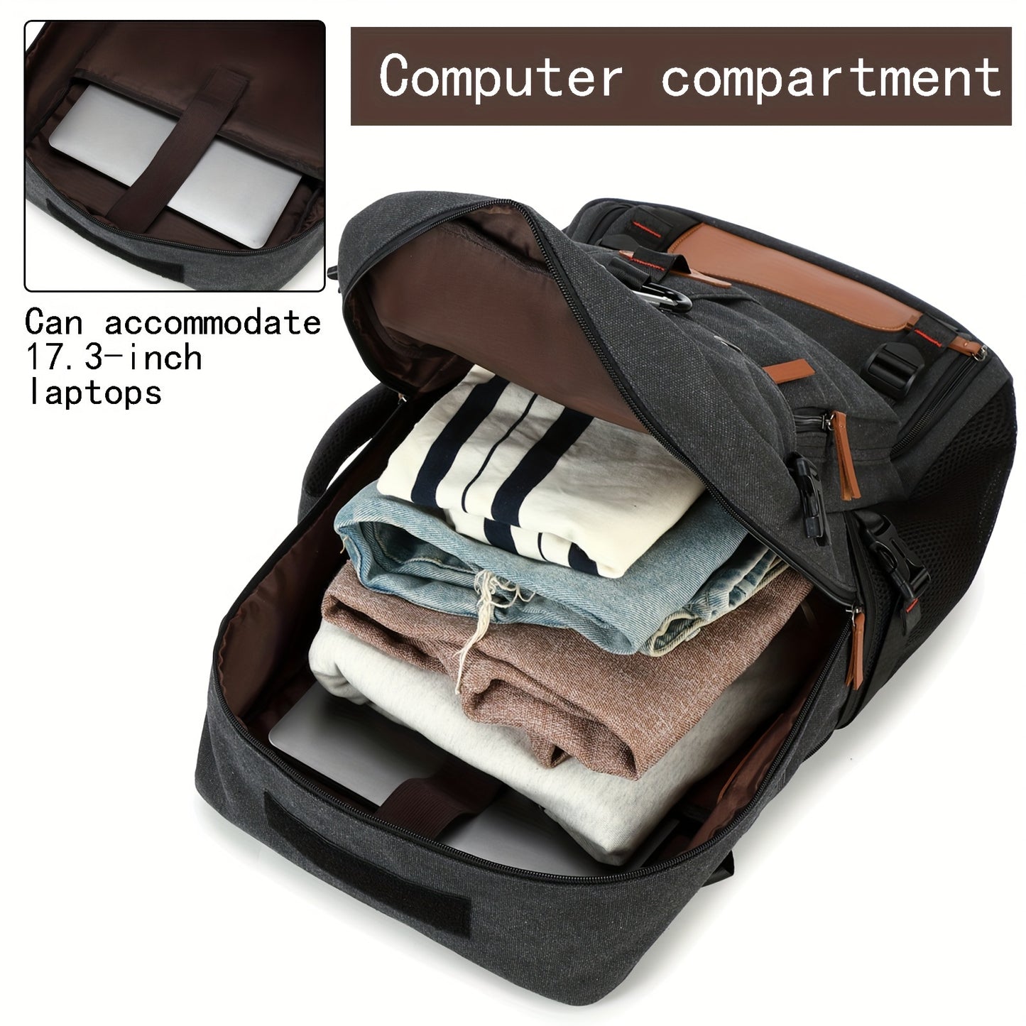 Sleek men's travel backpack with shoe compartment, fits 43.94cm laptop, suitable for casual hiking and business trips.