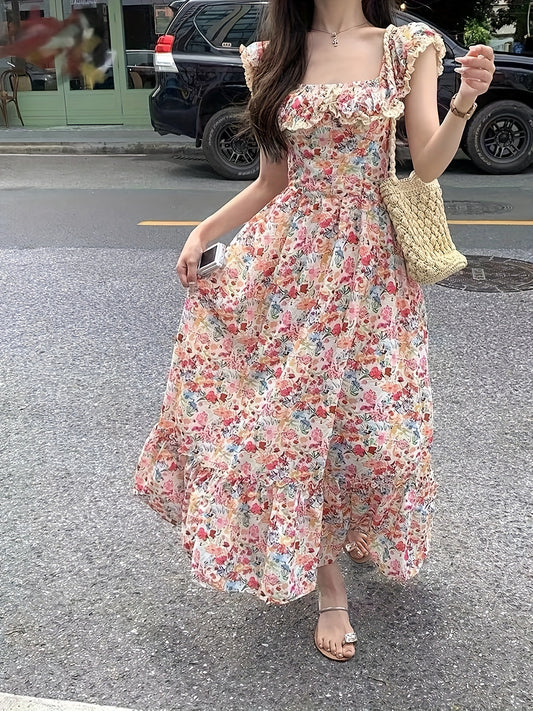 Women's Korean style floral print maxi dress with ruched sweetheart neck in an A-line silhouette. Made of polyester, suitable for spring, summer, and autumn. Perfect for adult fashion