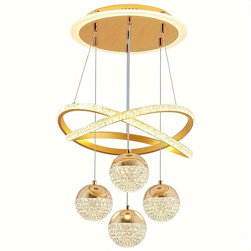 Contemporary LED chandelier with crystal embellishments and metal construction - perfect for dining rooms, living rooms, clothing stores, bars, and staircases. Includes installation hardware and features a simple, modern design. Ideal for apartments.