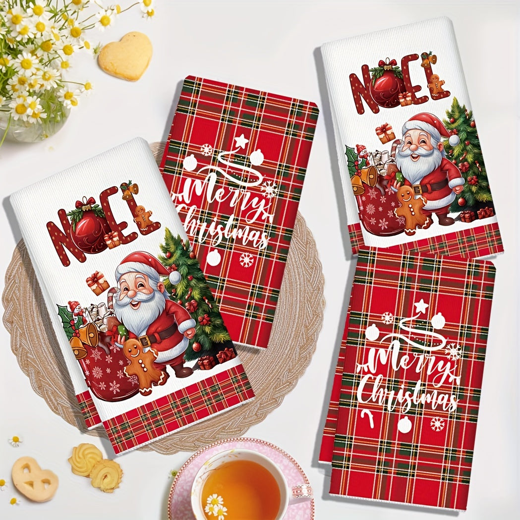 Set of 2 Christmas kitchen towels with Santa and gingerbread design. Made of quick-dry microfiber, featuring red plaid Merry Christmas pattern. Perfect for cooking, baking, and housewarming gifts. Size: 69.85x44.96 cm.