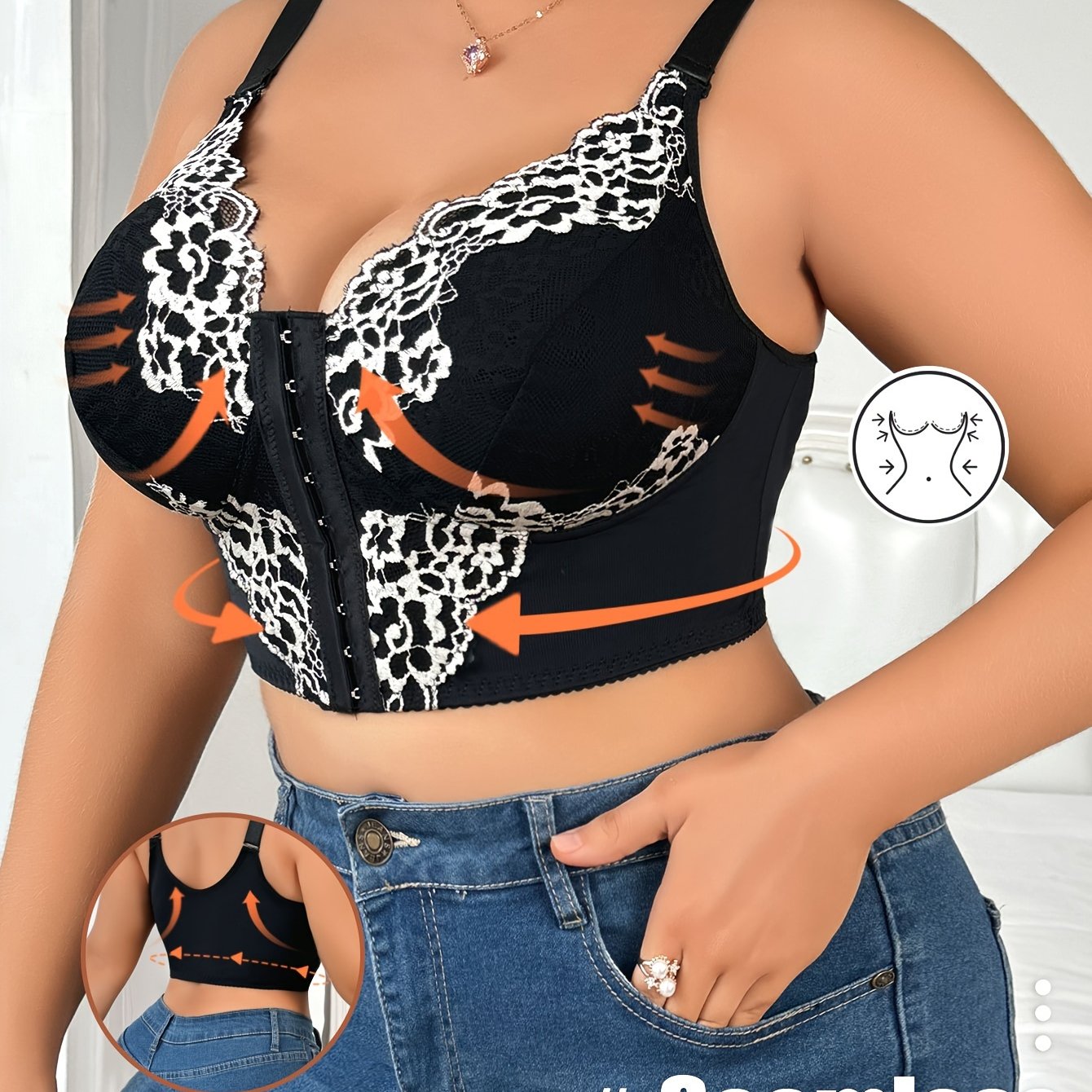 1pc Elegant plus size lace bra with front closure, floral pattern, wireless, no padding, medium stretch, polyamide fabric, contrast lace detail.