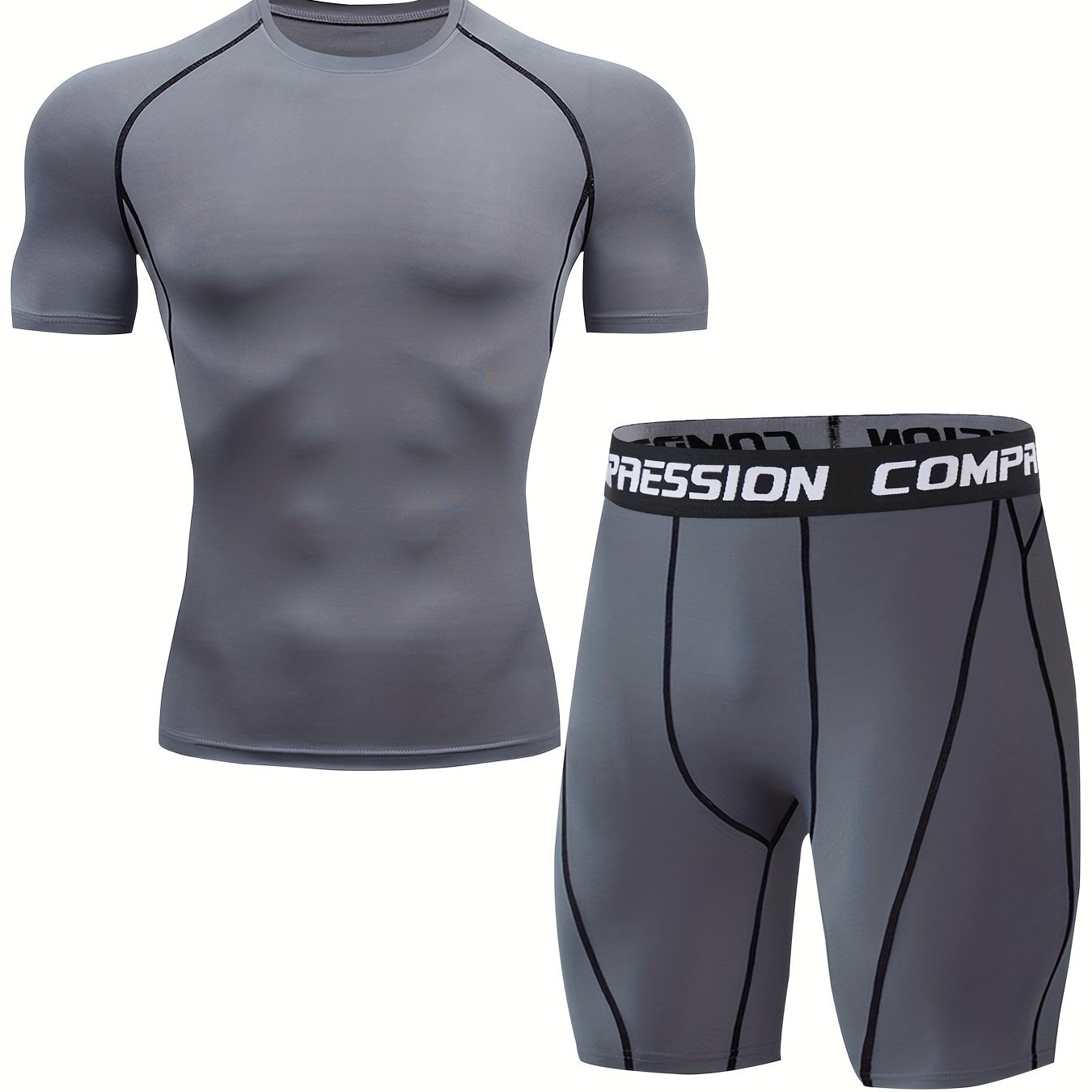 Men's sports running set includes skin-tight quick dry short sleeve compression shirt and shorts for gym and yoga.