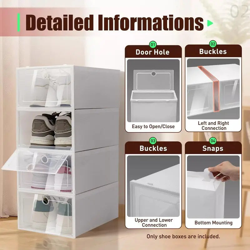 These shoe boxes are perfect for organizing your shoes and keeping them dust-free. With a sturdy design and flap closure, these clear plastic shoe boxes are foldable and can be used in any room of the house for convenient storage.