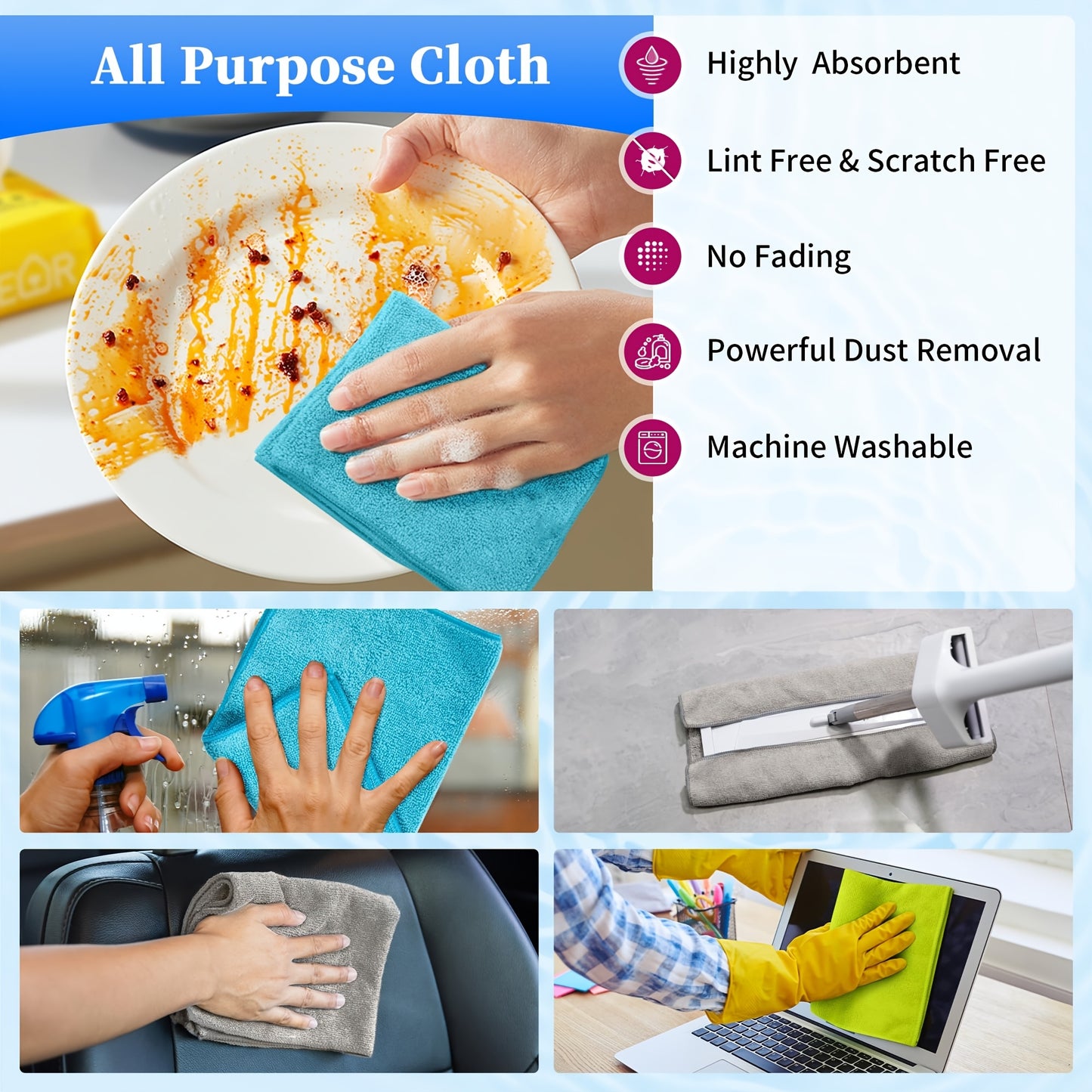 Mixed package includes 40 microfiber cleaning cloths (20 large, 12 small) and 20 cleaning rags in 5 random colors suitable for household and kitchen use. Colours include green, blue