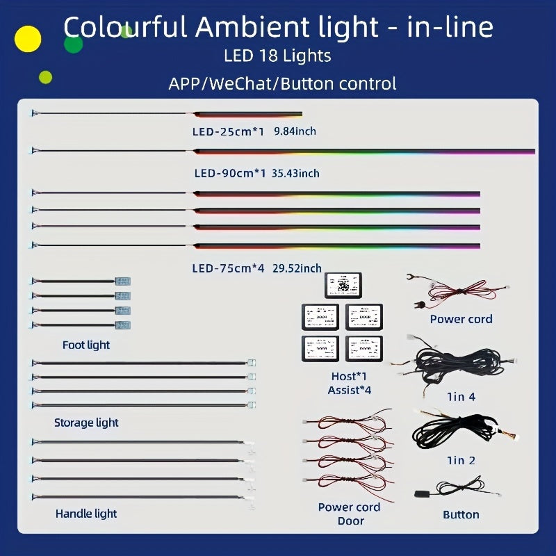 WRWD RGB Symphony LED Car Ambient Lights with App Control; Universal 12V interior decoration, multiple modes; Hard wiring, non-waterproof, no battery needed.