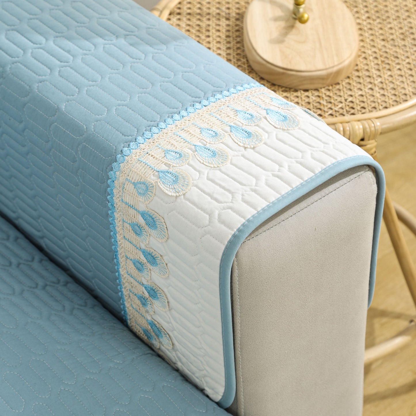 Enhance your sofa with a chic 27*27 feather lace decorative quilted cover for the back and armrest.