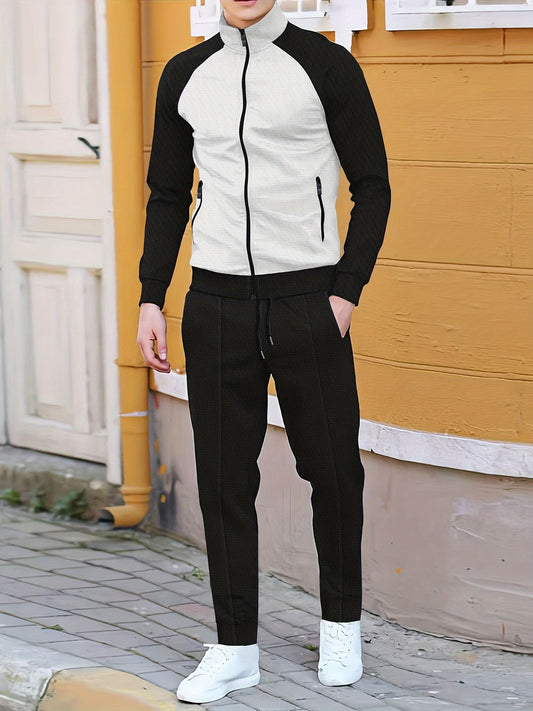 Men's Zip-Up Jacket and Joggers Set, ideal for Spring/Fall, made from a polyester blend, with a sporty color block design.