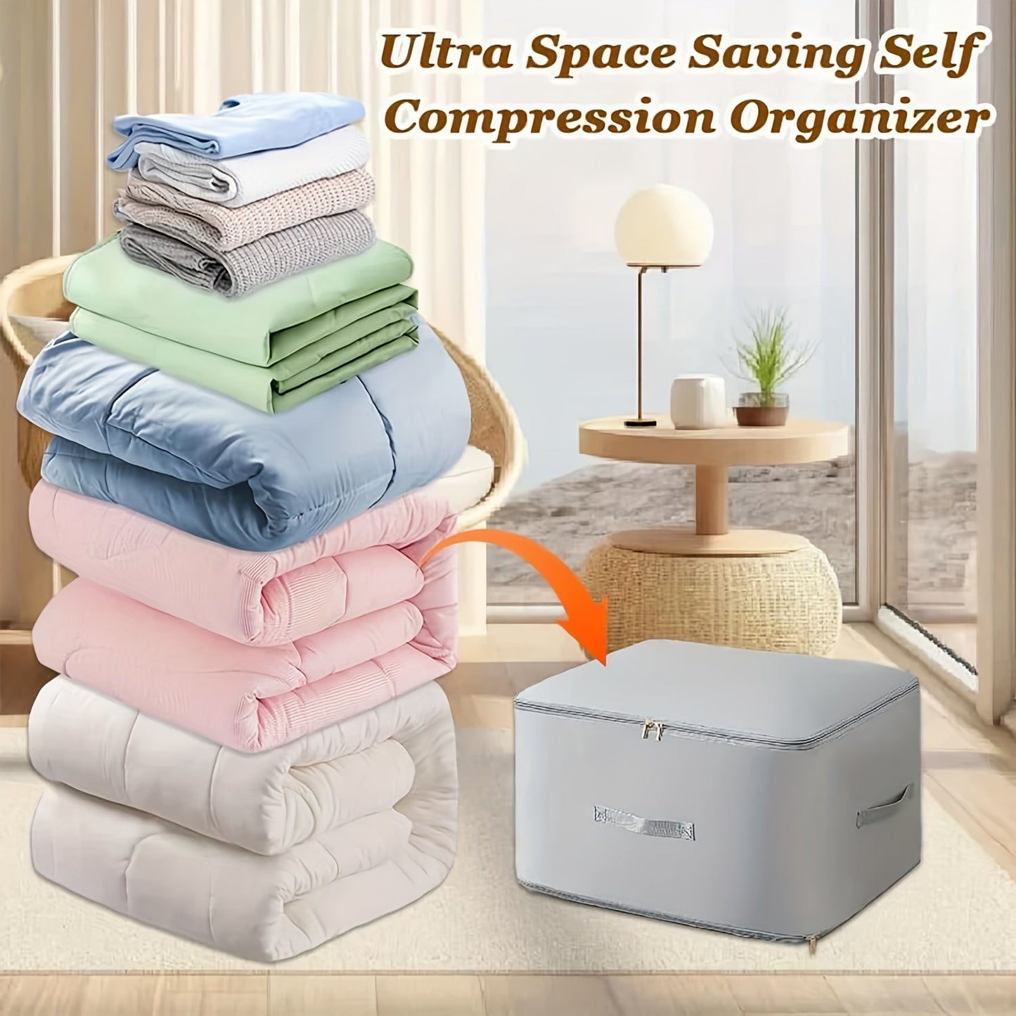 2024 upgraded Self-Compressing Storage Bag - Ultra Space-Saving Design, Waterproof Polyester Blend, Heavy-Duty Organizer for Quilts, Comforters, Clothes, and Blankets. Featuring Easy-Carry Handle, Zipper Closure, and Clothes Organizer Storage. Ideal for