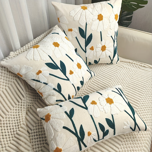 1pc Daisy floral embroidered pillow cover for sofa, living room décor, without insert.