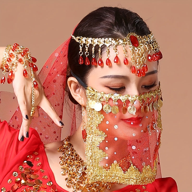 Women's Belly Dance Coin Face Covering Veil for Exotic Western Cosplay Dance Performance