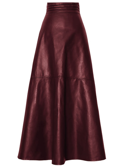 Plus-size fashionable women's flared A-line faux leather skirt with custom design.