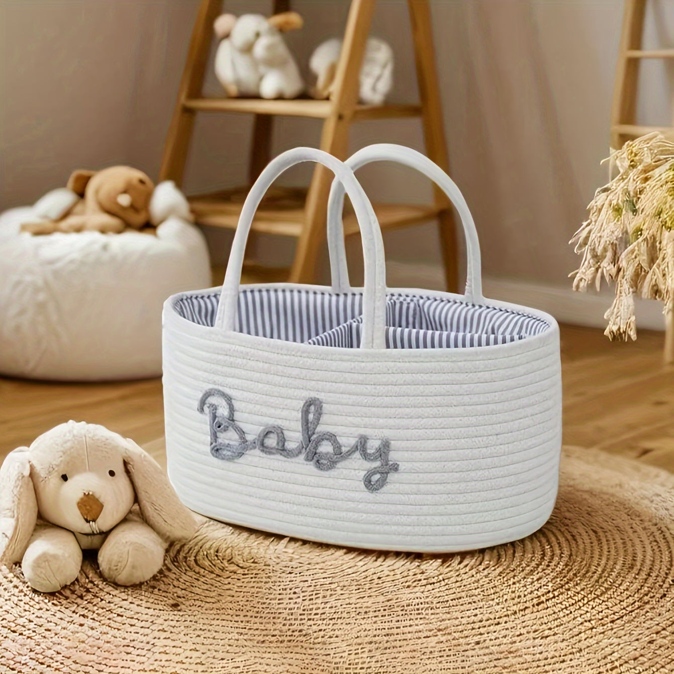 Storage basket made of cotton rope with lettered design, featuring a detachable inner basket for separating dry and wet items. Can be used as a hand-held storage solution.