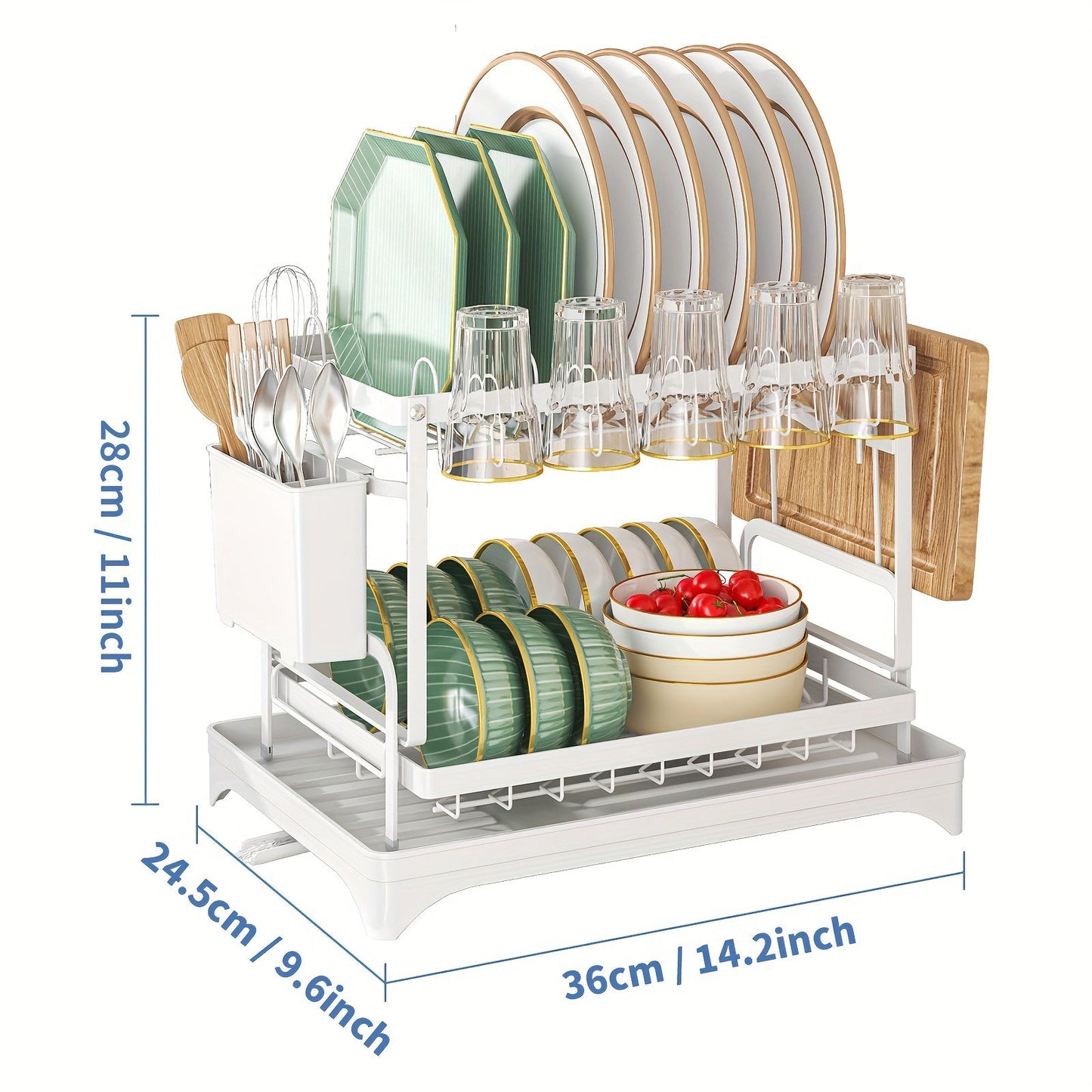 Kitchen Counter Rustproof 2-Tier Dish Drying Rack with Double Layer, Drainboard, and Utensil Holder - Ideal for Kitchen Accessories