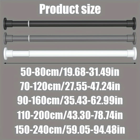 Adjustable tension curtain rod with rustproof metal, extendable spring design for bathroom, closet, window, doorway. Honeycomb base ensures superior grip and support without drilling.