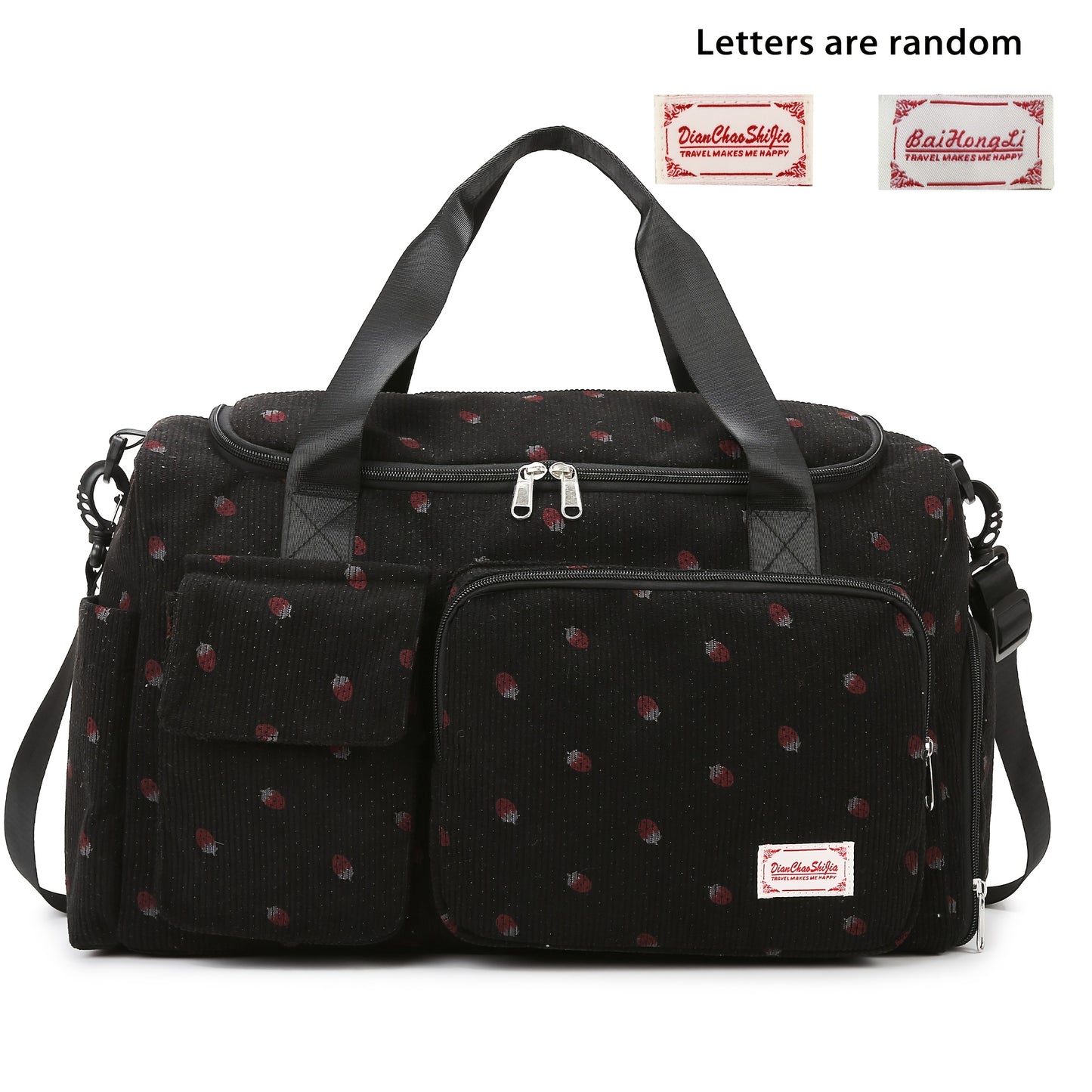 A spacious corduroy travel bag with strawberry print, wet and dry separation, shoe compartment, perfect for vacations, outings, school, crossbody use, and gym.