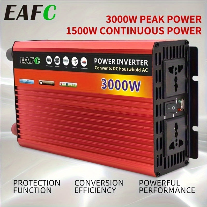 EU Plug Automotive Power Converter, 3000W Peak Power, 1500W Continuous Power, DC 12V to AC 220V, Portable Inverter Car Power Bank.