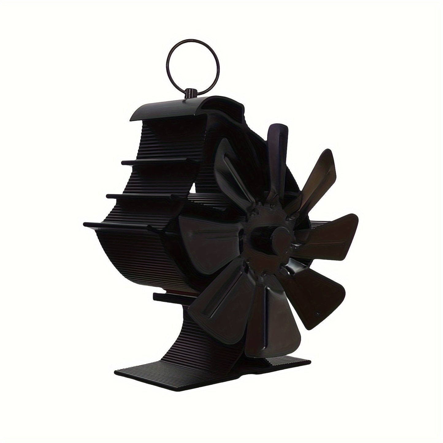 One piece aluminum fireplace fan featuring a sailboat design and eight blades, finished in oil rubbed for a sleek finish. This high-speed operation fan provides air circulation for wood, gas, and log stoves, with a 200CFM air volume and 2200RPM. No