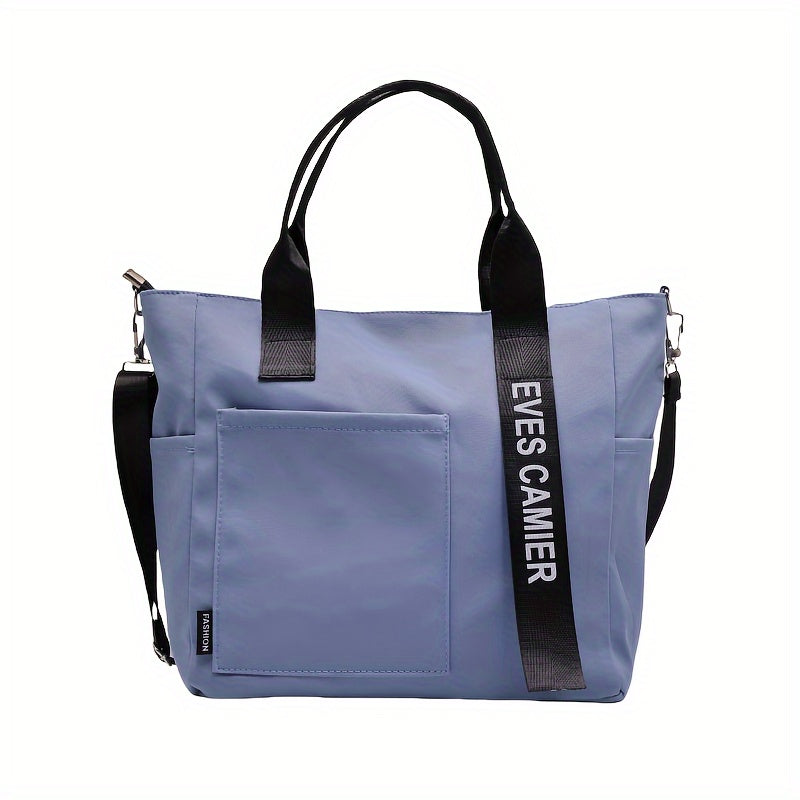 Versatile tote bag with multiple pockets, crossbody strap for travel and work, adjustable for school and everyday use.