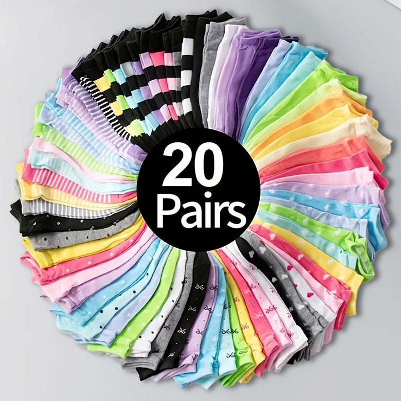 20 pairs of comfortable, soft low-cut women's socks with heart, bow, and stripe print in rainbow colors for all seasons.