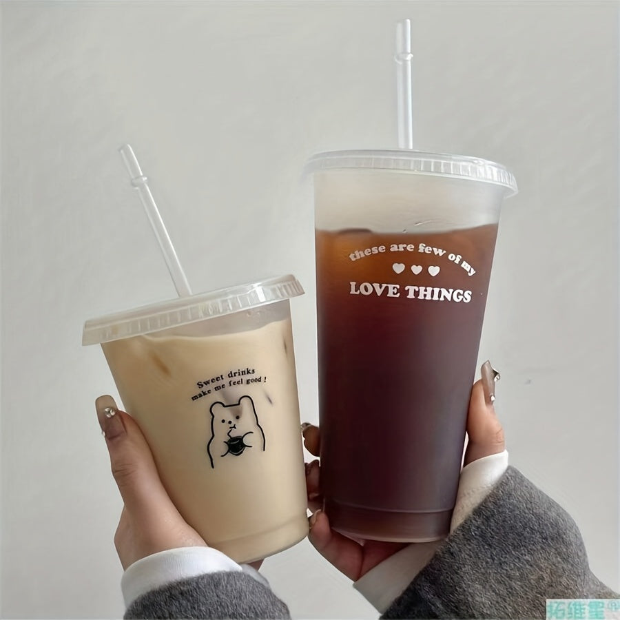 Big capacity bear and love print coffee cup with straw - reusable and shatterproof plastic tumbler for all seasons, perfect for summer.