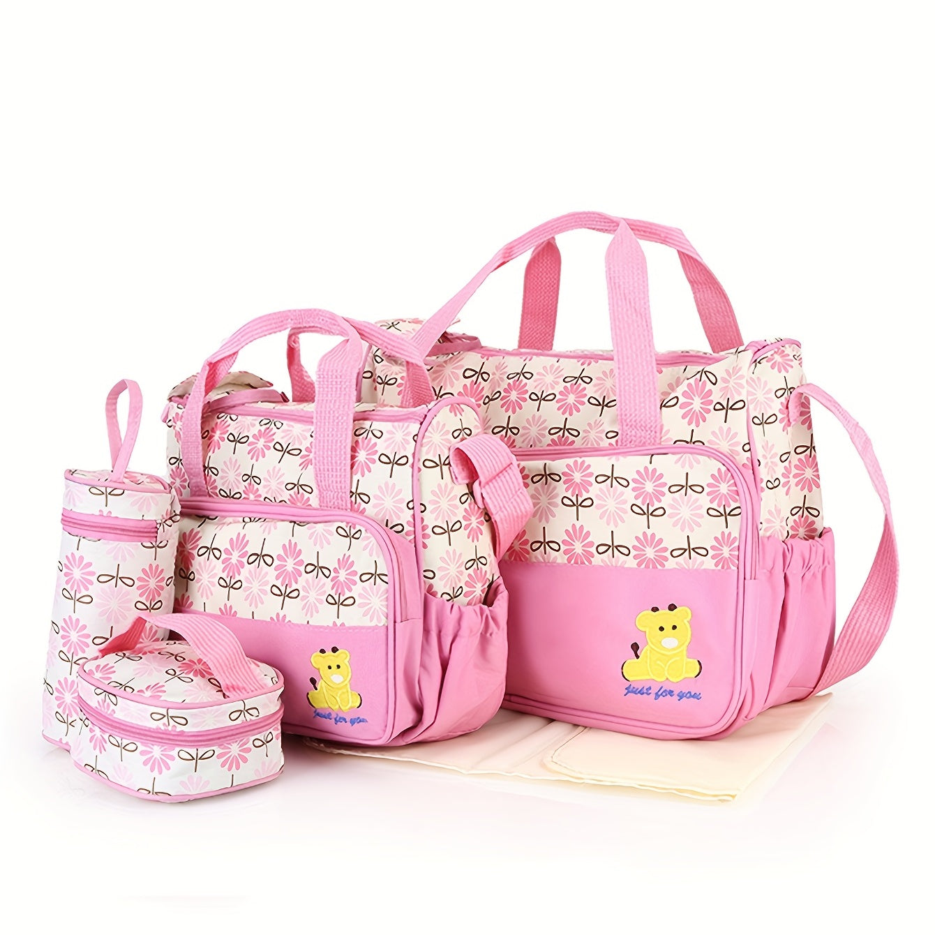 Set of five bags for moms, including a large-capacity one-shoulder hand-held bag, slant cross multi-functional bag, and printed bear diaper bag.