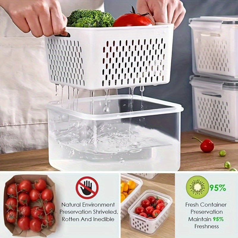 Reusable airtight plastic food storage containers featuring removable colanders, clip-on seal, and rectangle produce savers. Dishwasher safe and great for storing fresh berries, fruits, vegetables, and meat.